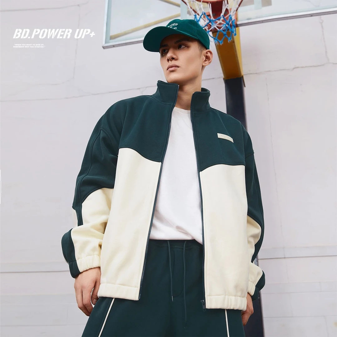 BD.POWER UP+秋季外套男新款加厚时尚撞色绣花运动外套男宽松