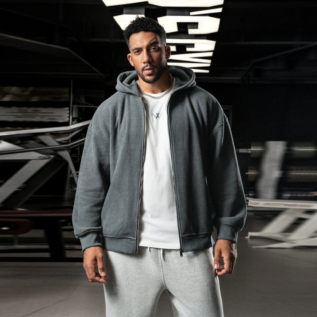 BD.POWER UP+华夫格加绒连帽外套男秋冬简约运动外套男宽松保暖