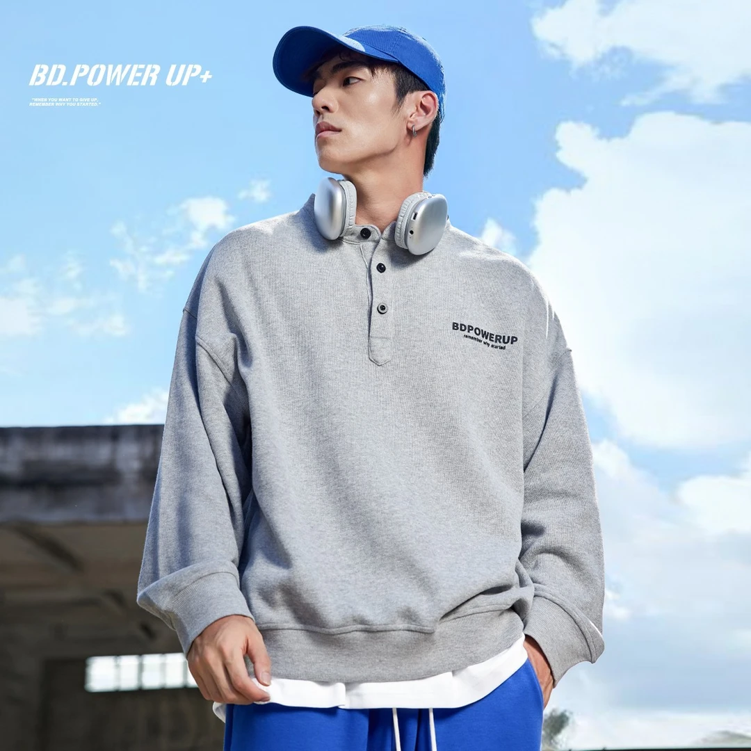 BD.POWER UP+新款针织圆领卫衣男宽松简约半开襟套头运动卫衣男