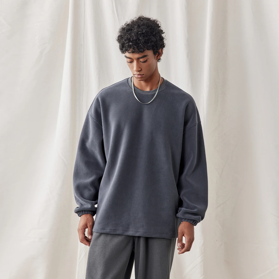 bdpowerup重磅加绒圆领套头上衣简约下摆抽绳运动卫衣男宽松保暖