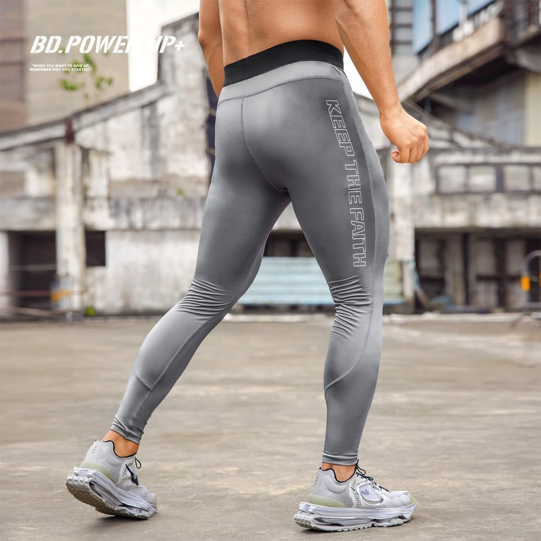 BD.POWER UP+新款紧身裤男篮球运动弹力速干灰色训练健身裤男