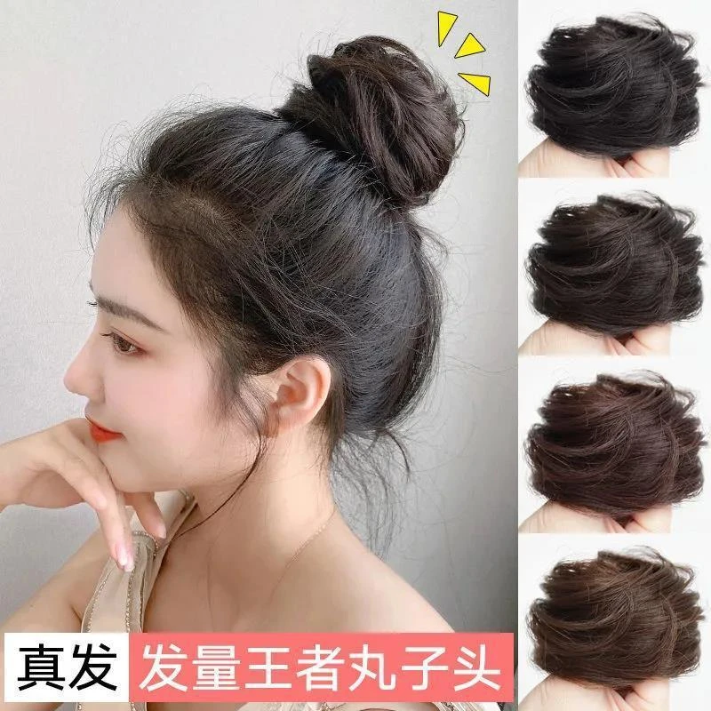 非金属布艺发饰黑色丸子头假发直发圈女孩假发圈假发花苞蓬松造型
