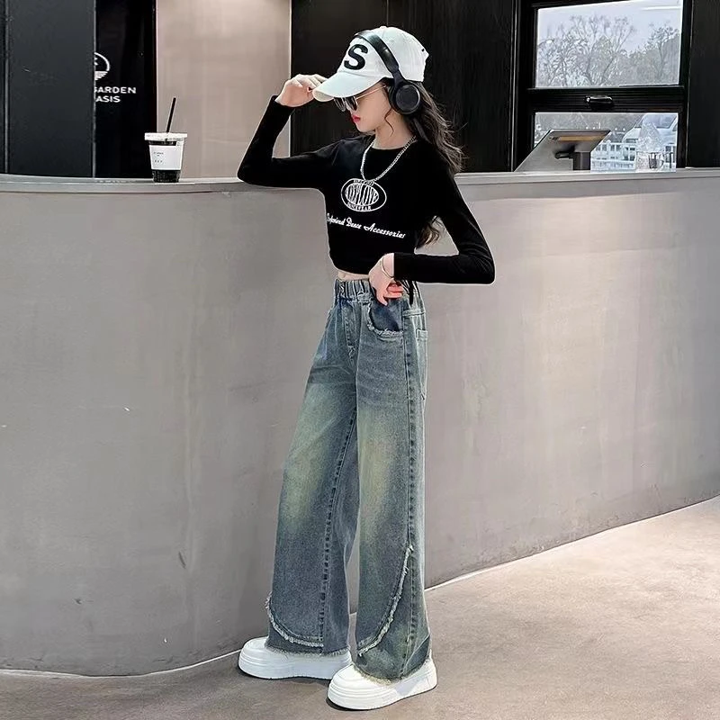 女童牛仔裤春秋2024新款裤子儿童初中生阔腿裤显瘦高腰直筒百搭