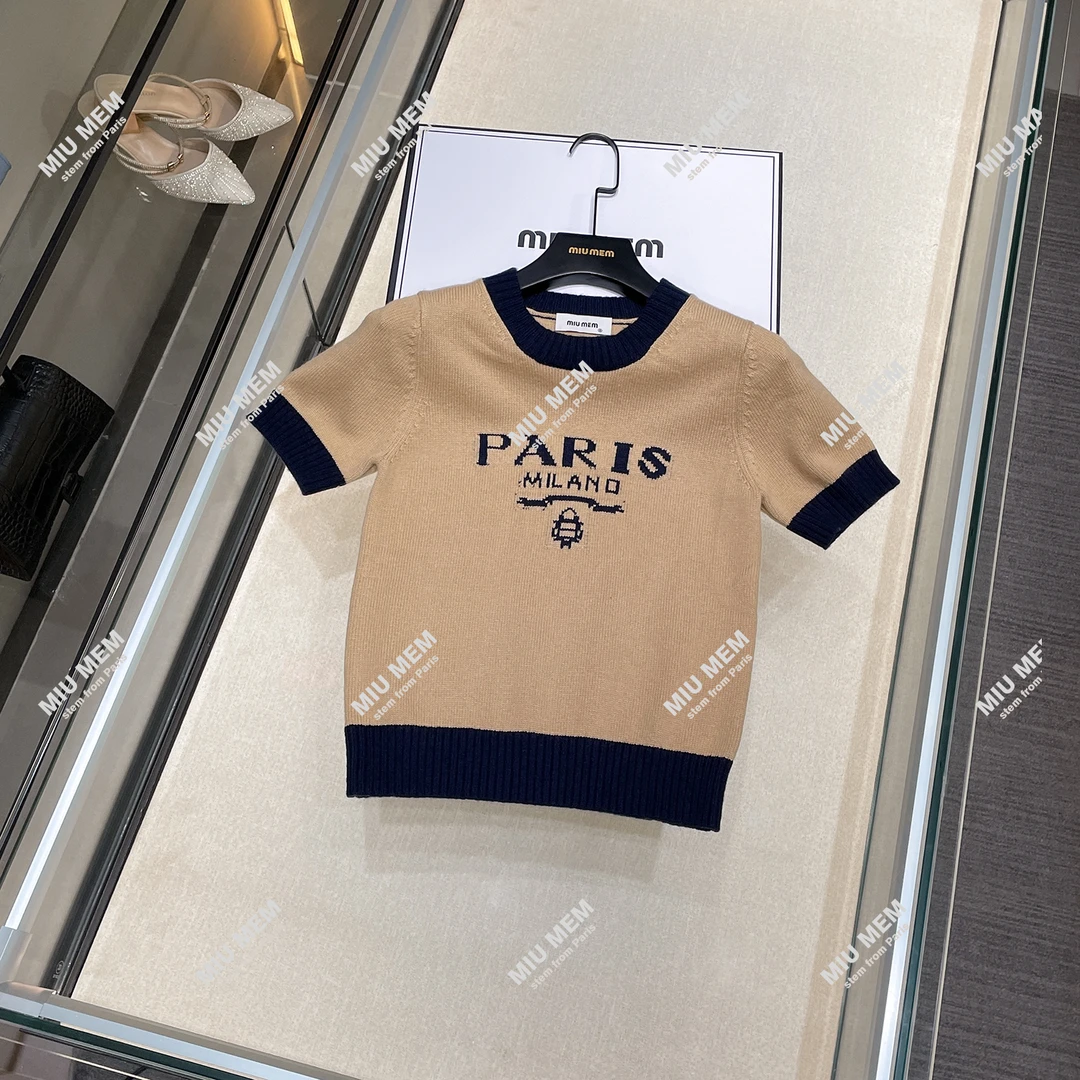 Miumem现货早秋新高端撞色字母徽标提花圆领短袖气质上衣 DY5172