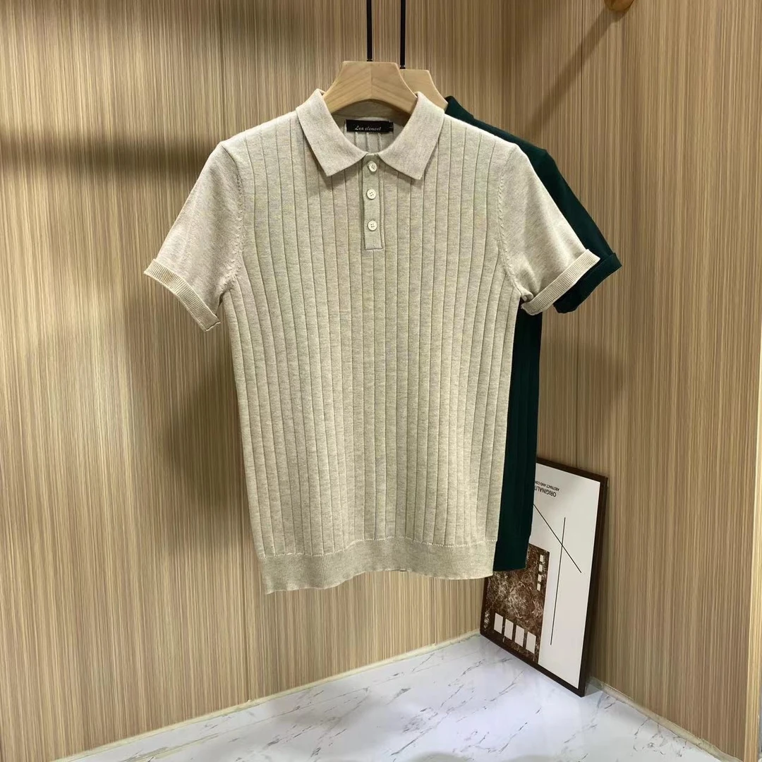 翻领条纹冰丝POLO衫男士青年修身百搭针织打底衫透气镂空休闲男装