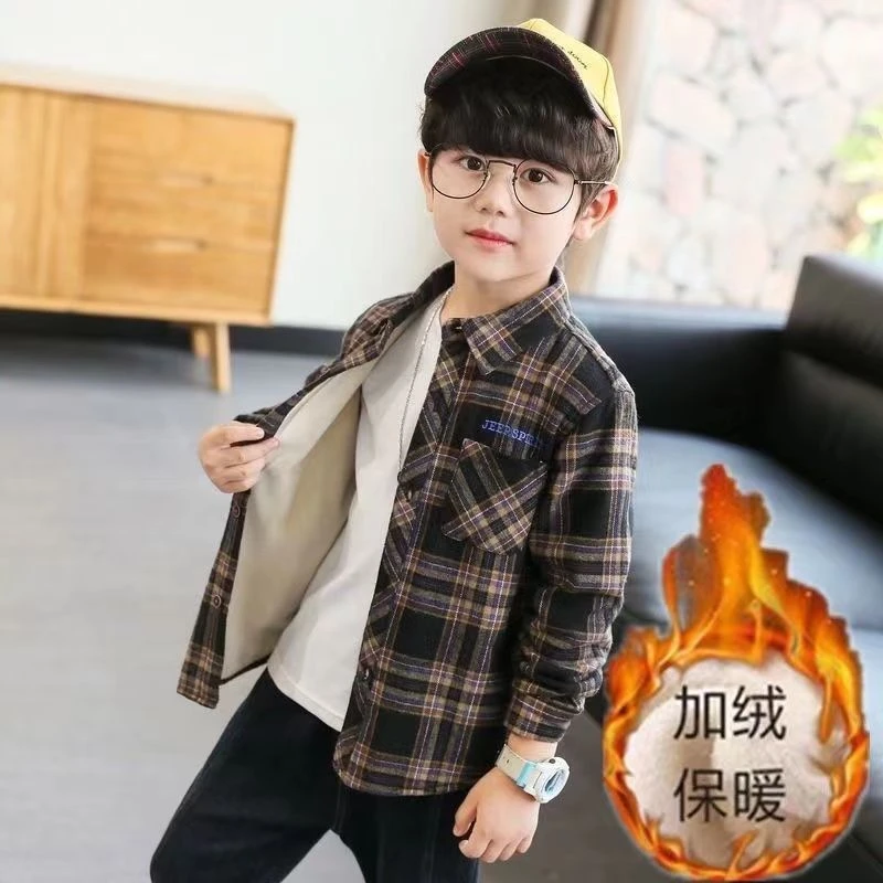 【小扬哥推荐】男童衬衫长袖秋冬加绒潮流帅气磨毛格子衬衣中大童
