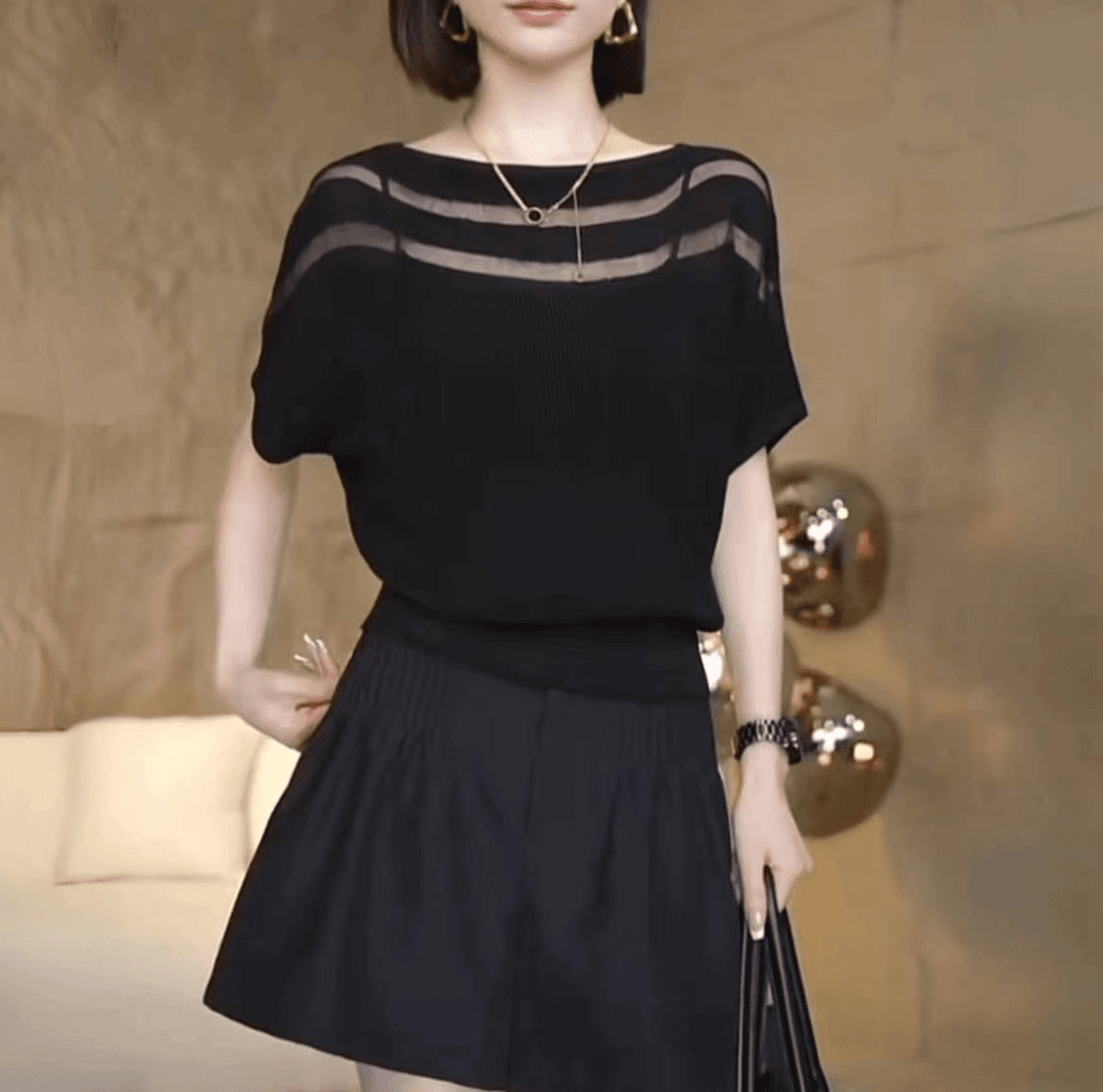 夏季女装新款蝙蝠短袖黑色套头针织衫薄款显瘦宽松遮肚子上衣