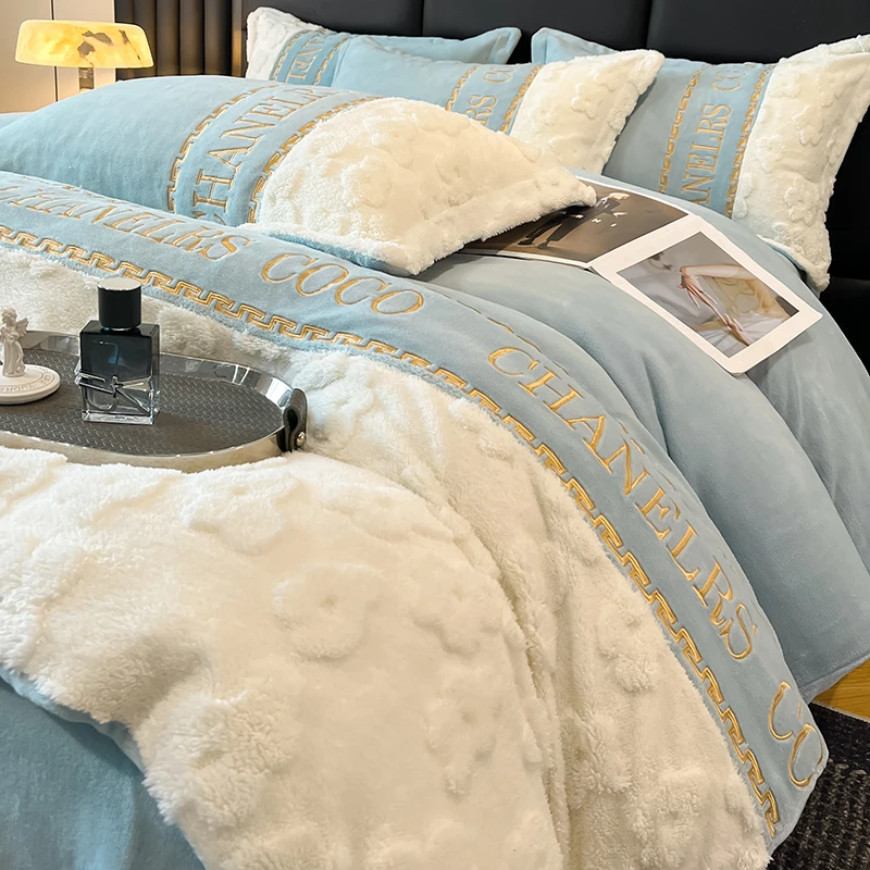 法式小香风牛奶绒床笠四件套冬季高级家用双面加绒加厚被套珊瑚绒