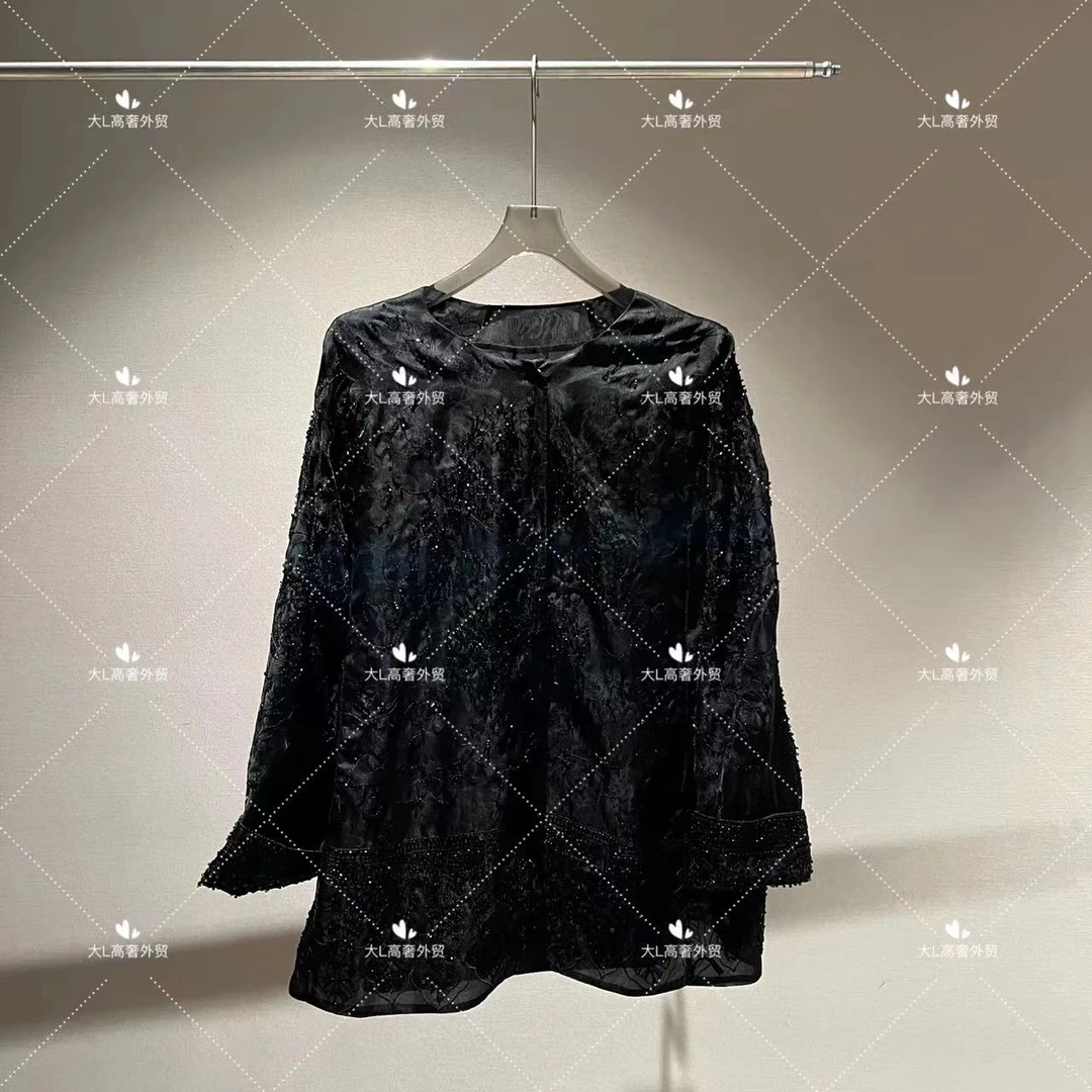 ”月影“ 重磅外贸进口高奢新中式重工钉珠百搭时尚长袖圆领衬衫