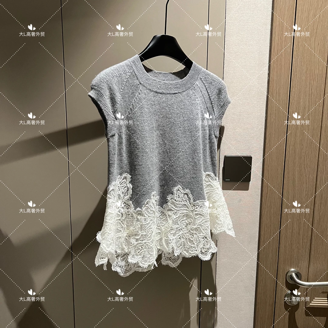 “纤纤玉立” 重磅外贸进口高奢重工设计师风百搭蕾丝拼接针织衫