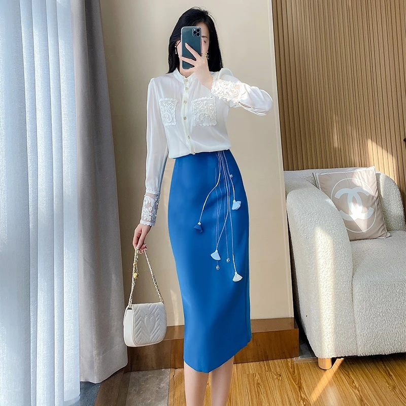 2023秋装新款套装气质时尚新中式衬衫半身裙两件套OL通勤高级套装