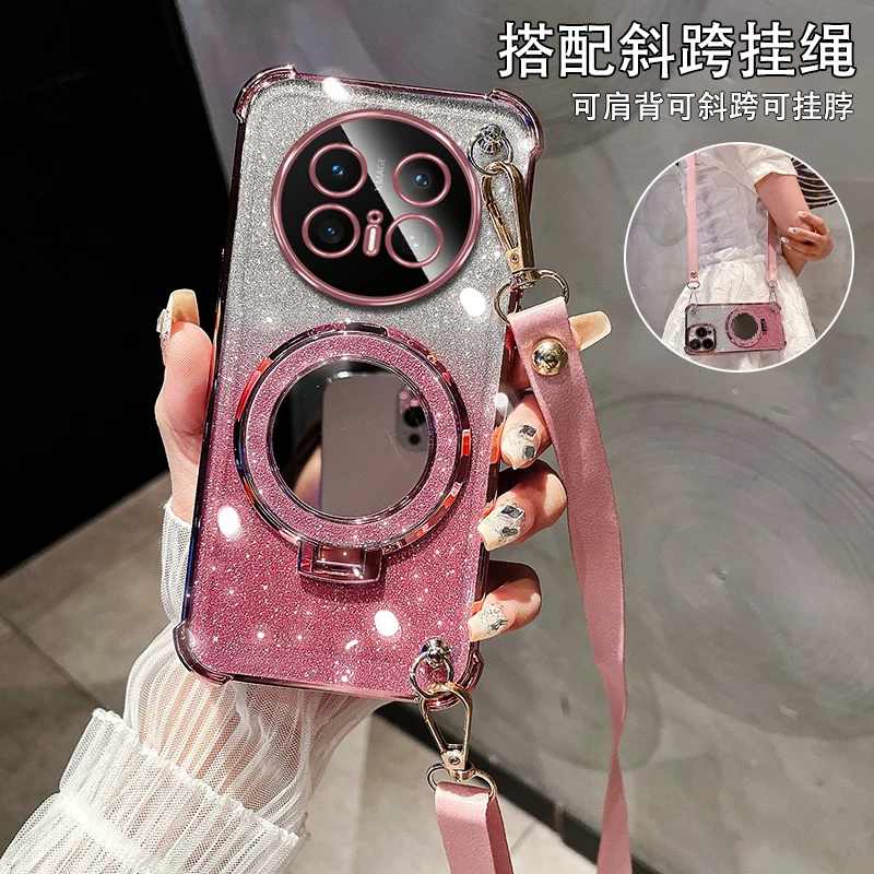 适用华为Mate70手机壳斜跨60Pro+镜子支架50Pro女款40囊30挂绳