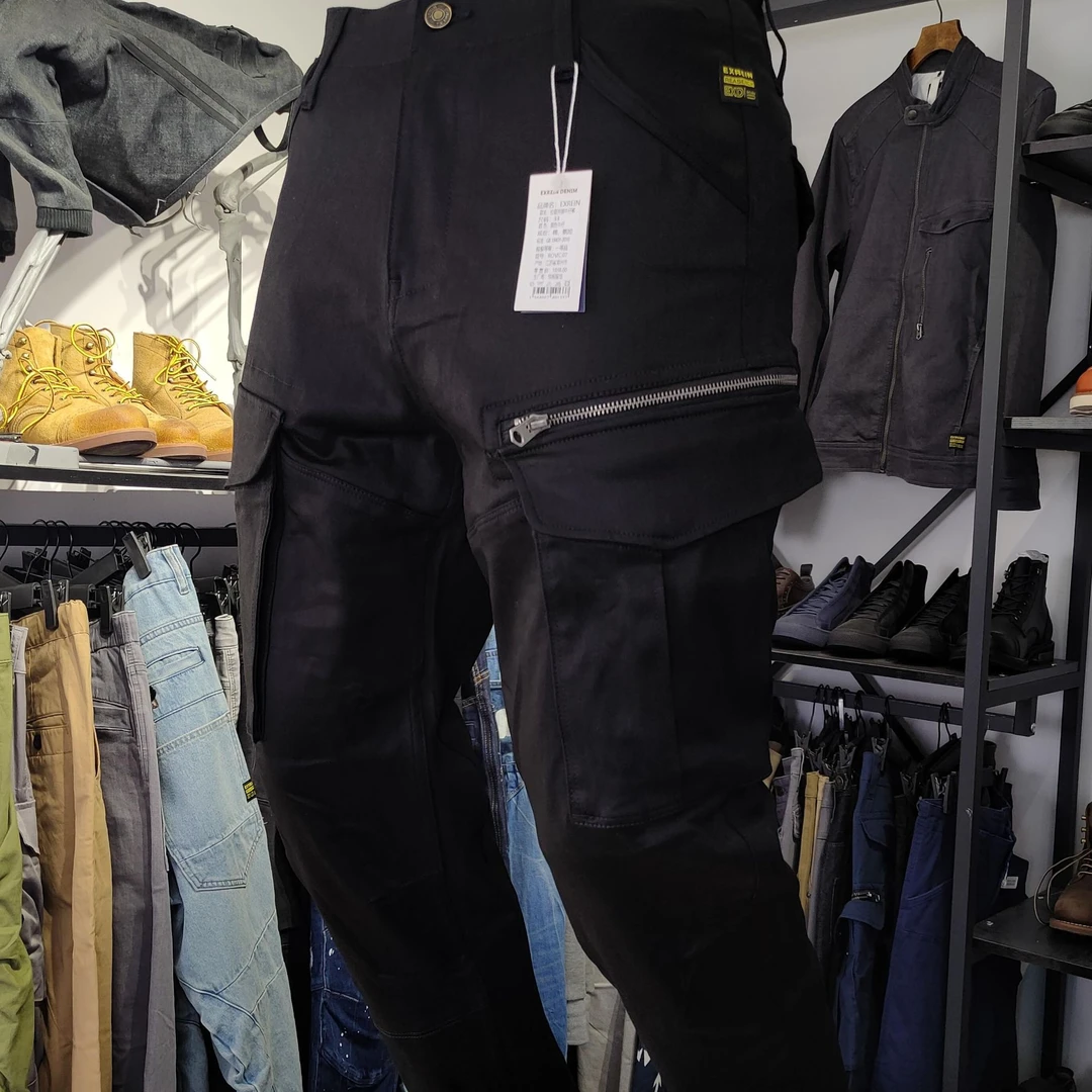 EXREIN纯黑色秋冬立体裁剪高弹ROVIC多口袋工装休闲时尚牛仔裤