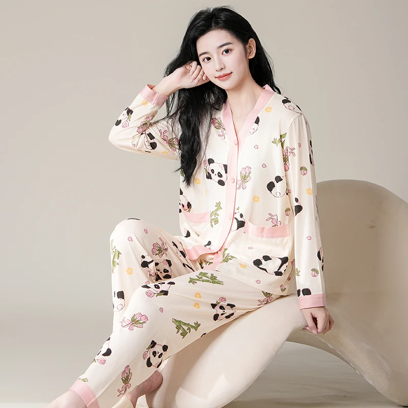 【国风熊猫】女式睡衣开衫V领长袖裤舒适透气家居服套装58718