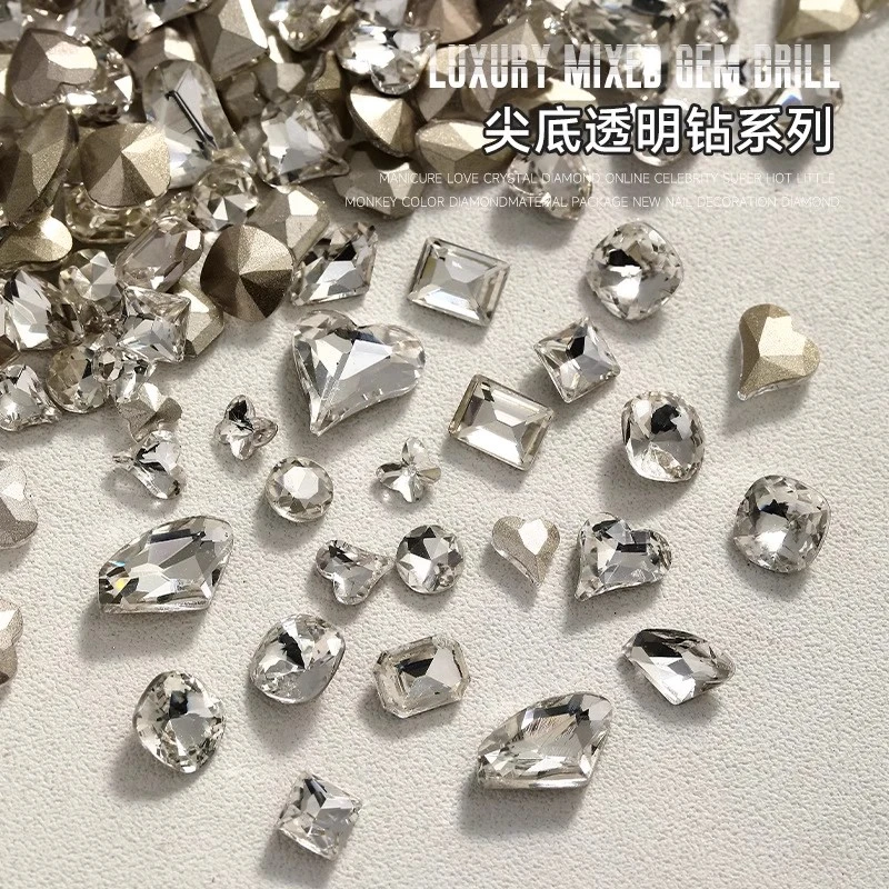 透明尖底异形钻石美甲饰品混装2024年网红爆款高透K9歪心指甲配饰
