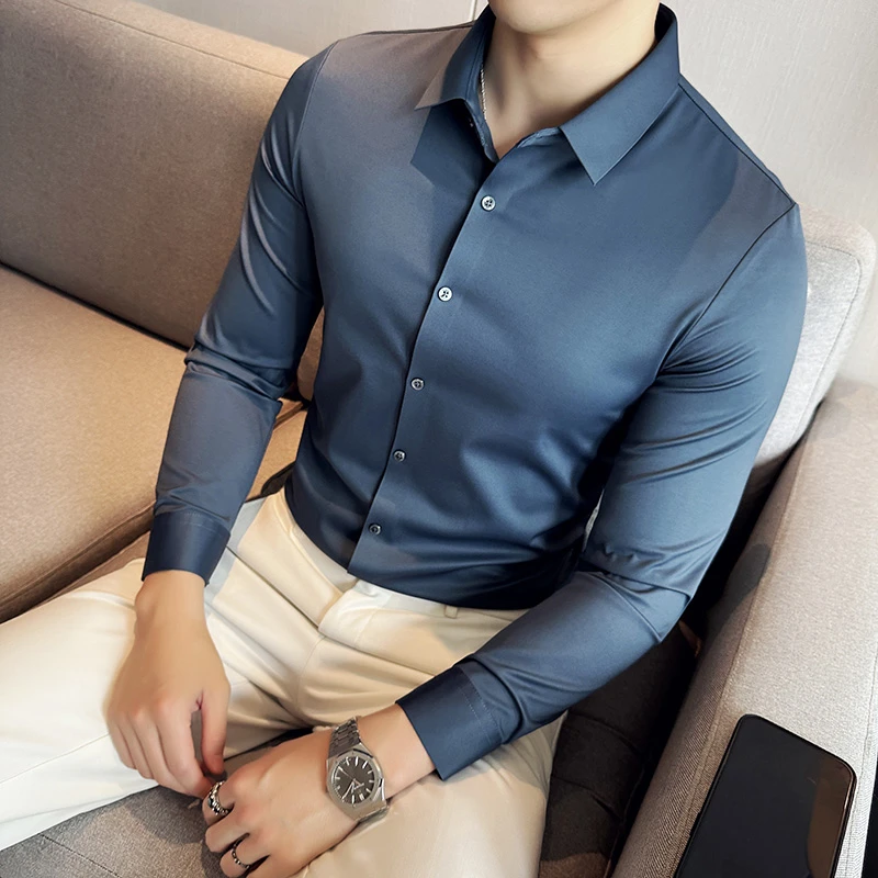 男士5A抗菌三防无痕衬衫男修身长袖时尚商务休闲高弹衬衫上衣