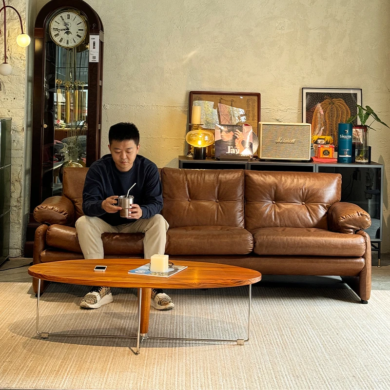 鸣黯中古风羽绒沙发三双人座小户型客厅复古全真皮设计师简约风格