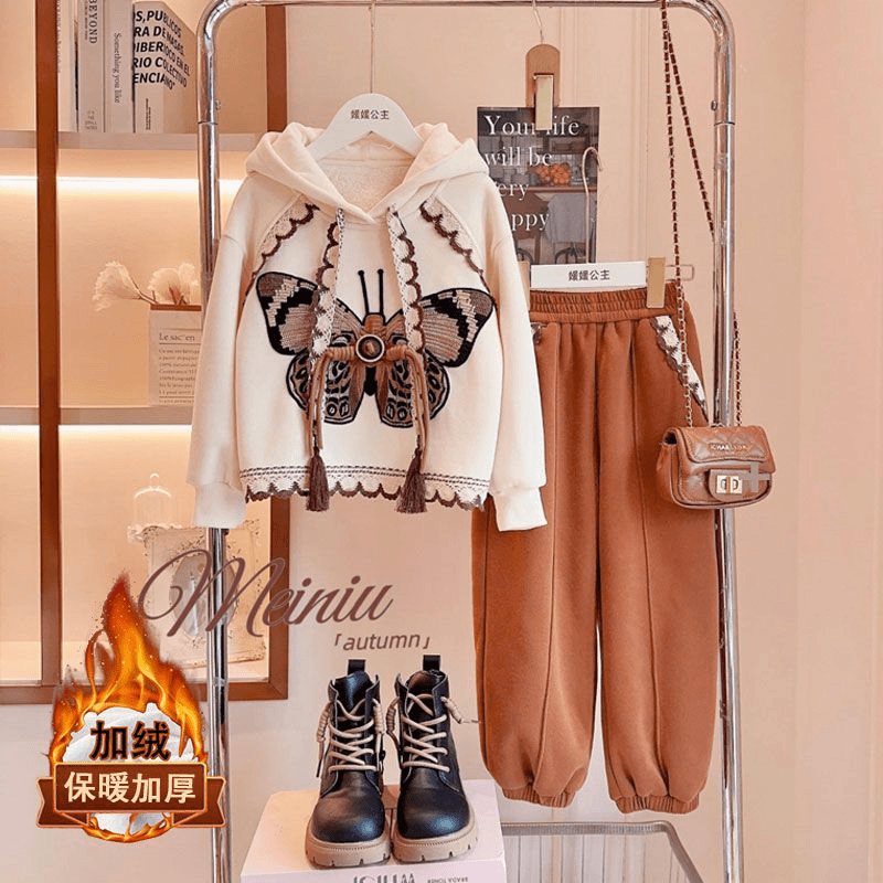 巴拉拉吧女童秋冬套装2024中大儿童加绒加厚连帽休闲运动套装儿童