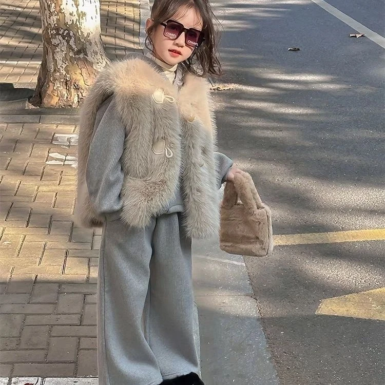 巴拉拉吧女童秋冬季三件套2024韩系爆款冬季加厚毛毛马甲加绒休闲