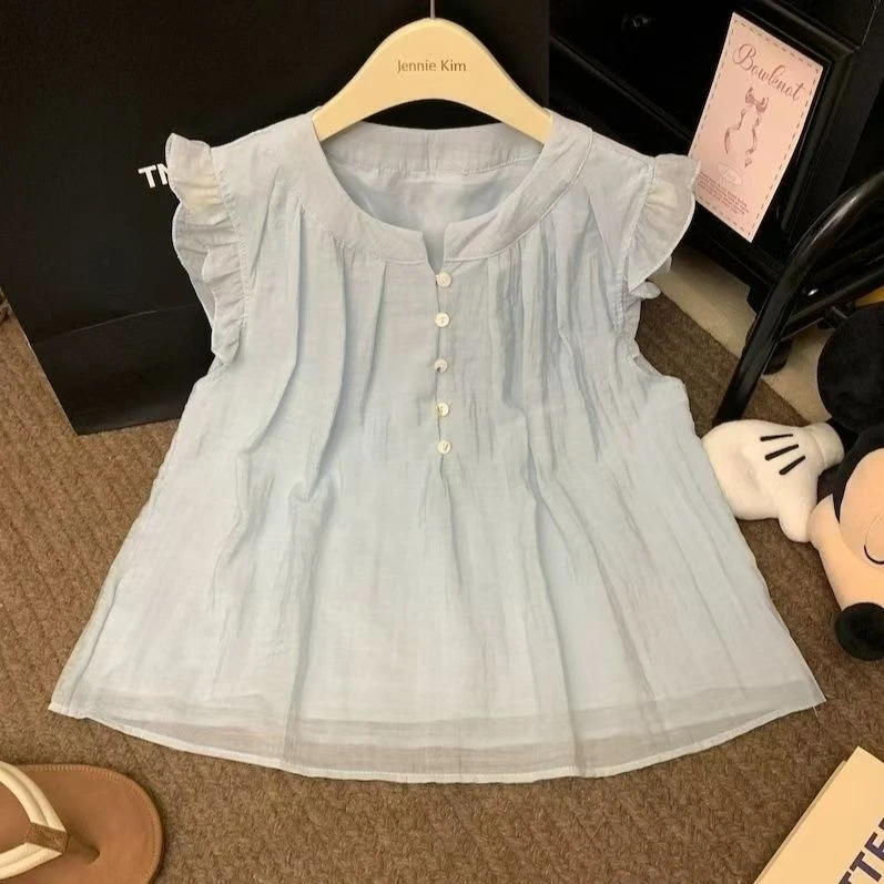 时尚韩系蓝色衬衫女夏木耳边无袖衬衣法式圆领压褶飞飞袖百搭上衣