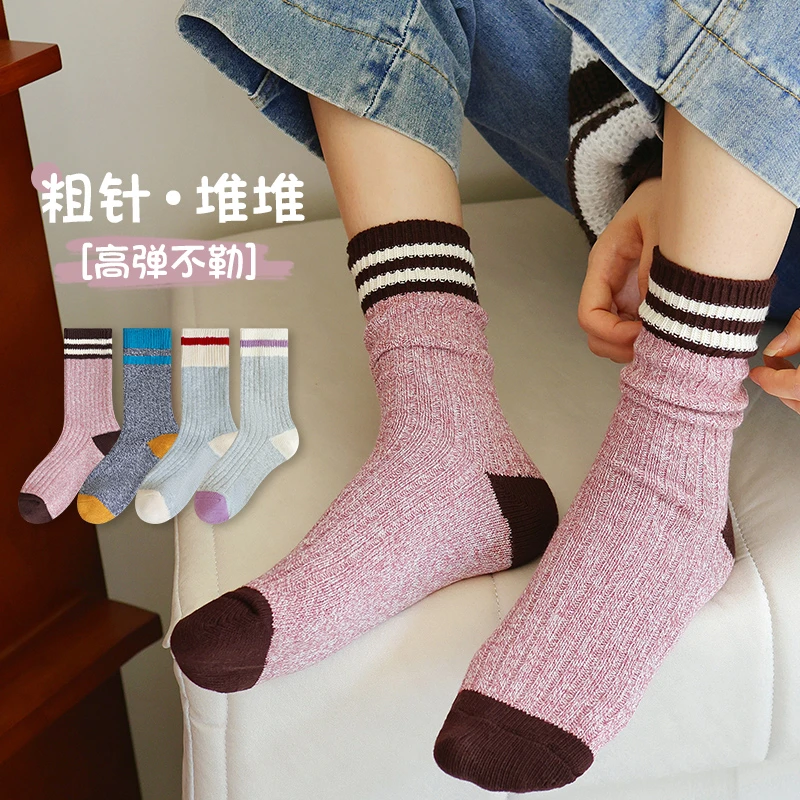 条纹袜子女中筒袜春秋季棉袜ins潮韩国日系学院风复古秋冬堆堆袜