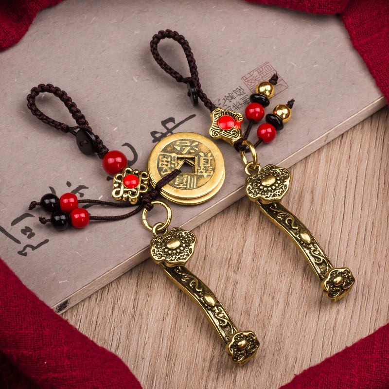 柿柿如意吊坠黄铜汽车钥匙扣挂件手工五帝书包包挂饰品男女情侣