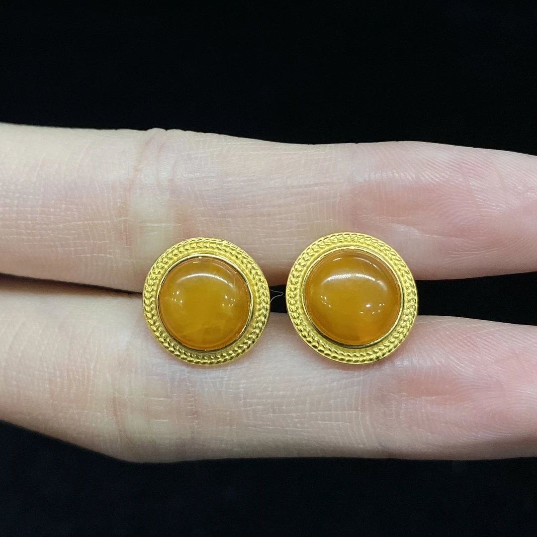 【龙少专属】蜜蜡圆牌耳钉  S925银镶 多样性发1件 QYC2063