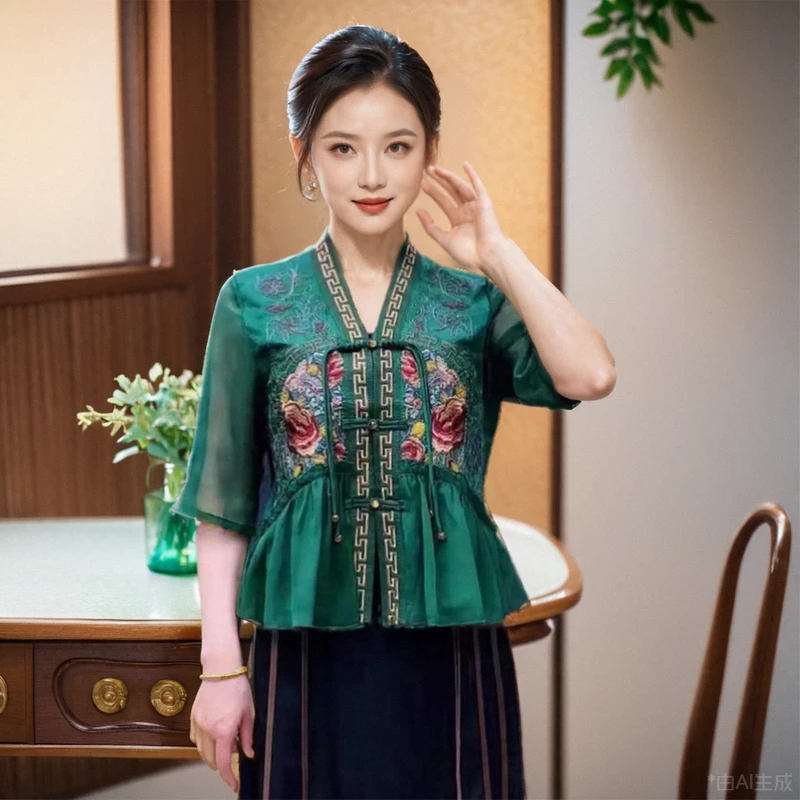 民族风时尚网纱袖重工刺绣新中式上衣女款国风外套唐装流苏小衫