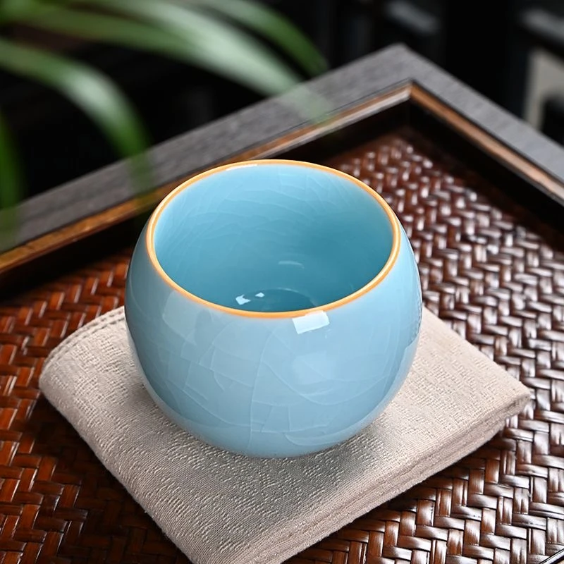 汝窑开片冰裂纹蓝色龙蛋杯主人杯大号茶杯