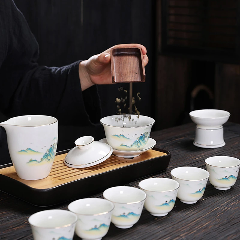 千里江山整套茶具白瓷茶壶陶瓷家用三才瓷盖碗中式A88