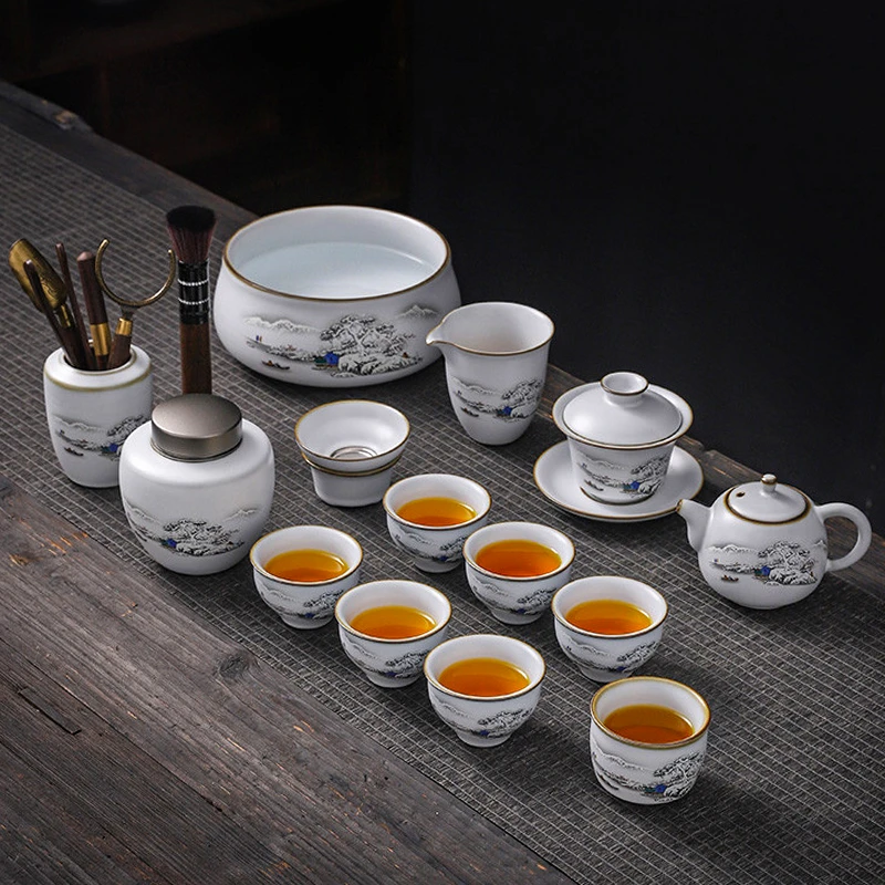 雪景汝窑高档大全套茶具礼盒装轻奢家用三才瓷盖碗手工简约A193
