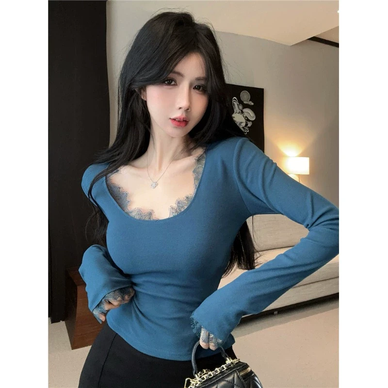 纯欲蕾丝拼接打底衫女春秋新款加绒加厚内搭长袖T恤辣妹短款上衣