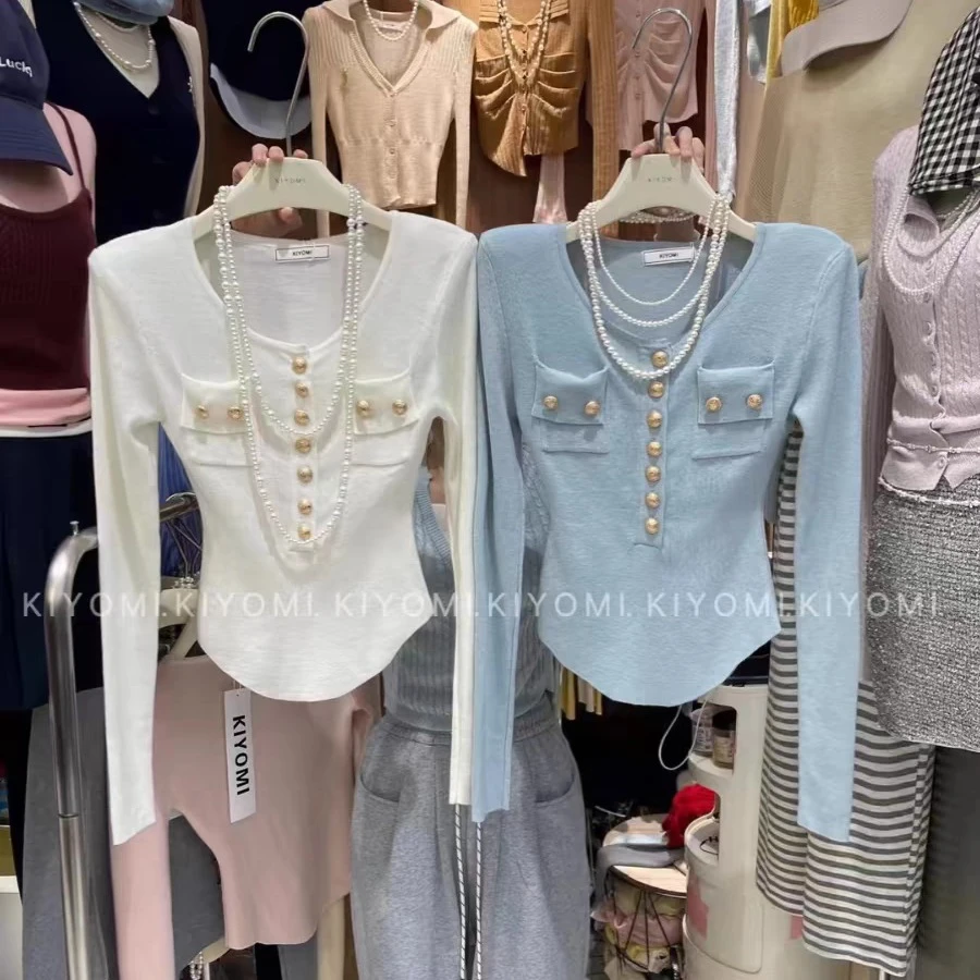 法式轻熟风圆领针织打底衫女春秋新款设计感小众修身显瘦长袖上衣