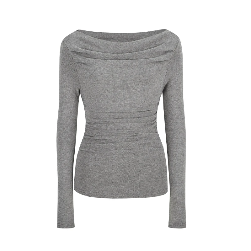 一字肩荡领长袖T恤女春秋内搭打底衫修身显瘦气质上衣