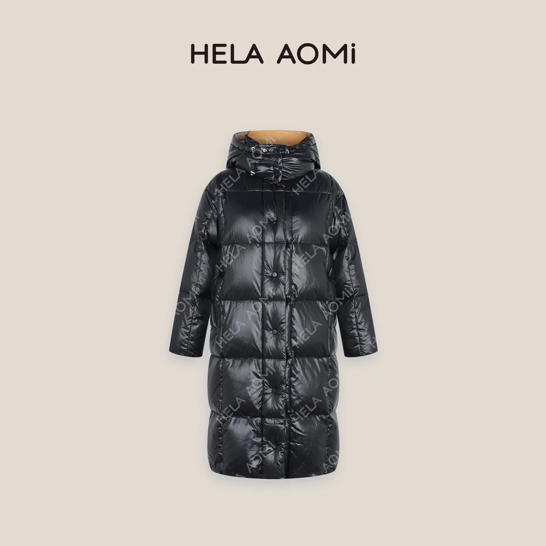 HELA AOMI “黑金鹅绒”经典连帽长款亮面过膝羽绒服CY4DM01560