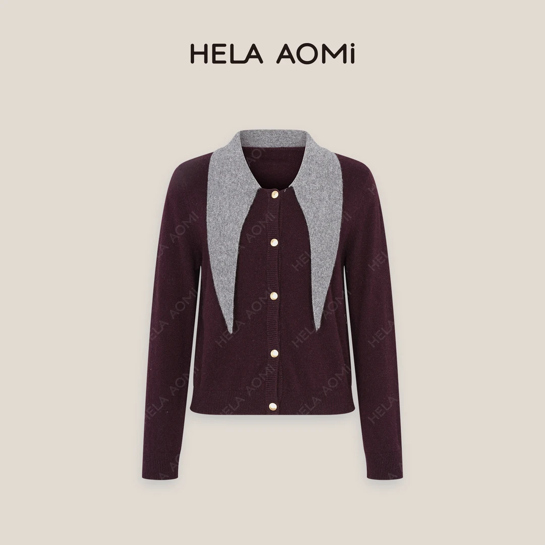 HELAAOMI“黑金系列”小领巾拼色翻领软糯针织开衫毛衣CY4DX31039