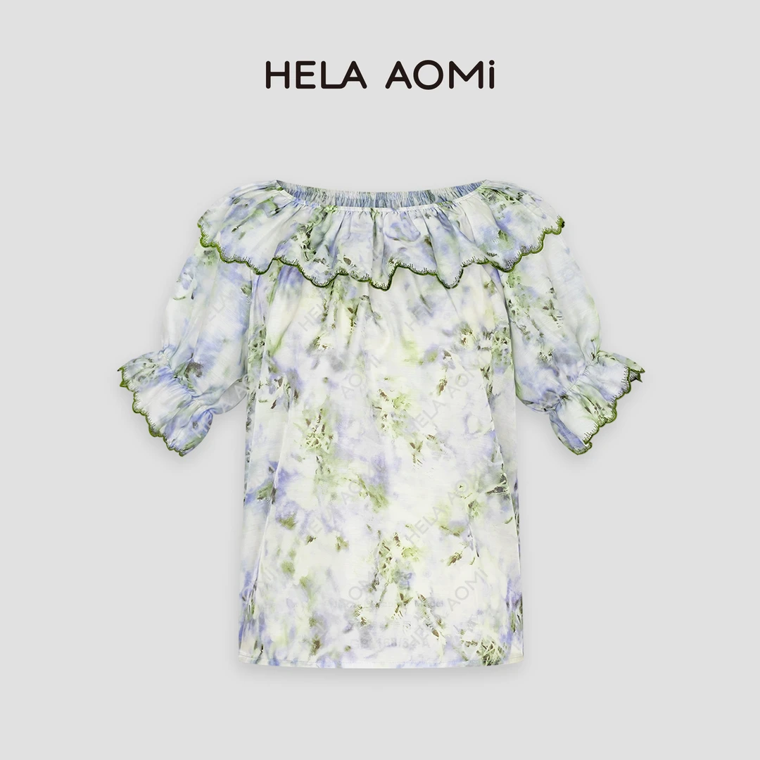 HELA AOMI 原创“青池”夏季荷叶领印花T恤CY4AX15017