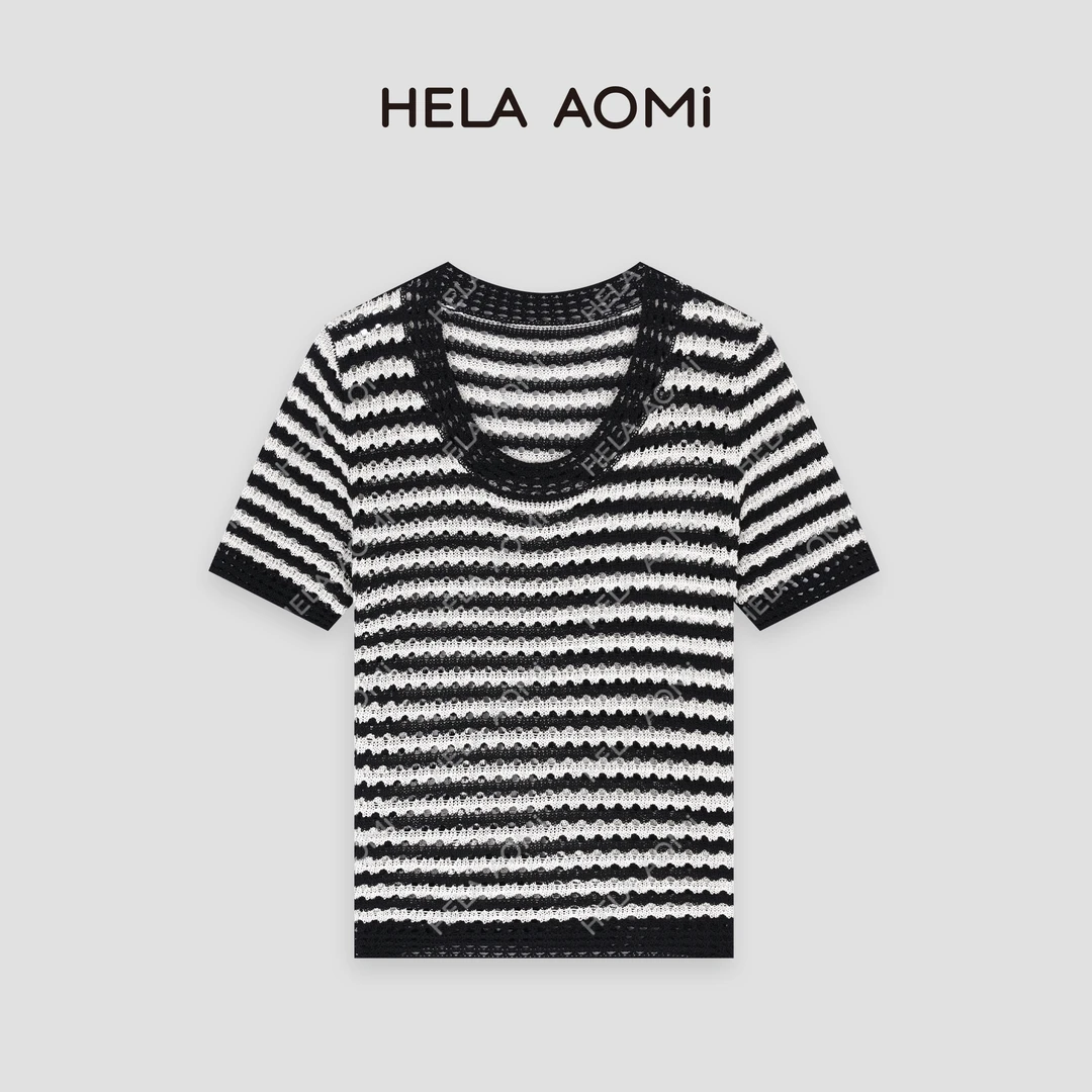 HELA AOMI "Miu丝麻条纹"夏季镂空清凉显瘦圆领短袖T恤CY4BX32004