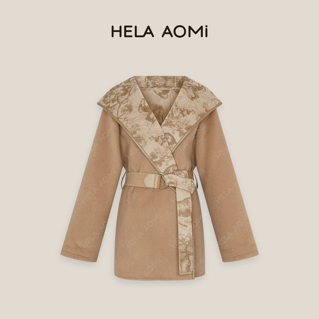 HELA AOMI“丛林大衣”印花翻袖松弛感双面呢系带大衣CY4DX08050