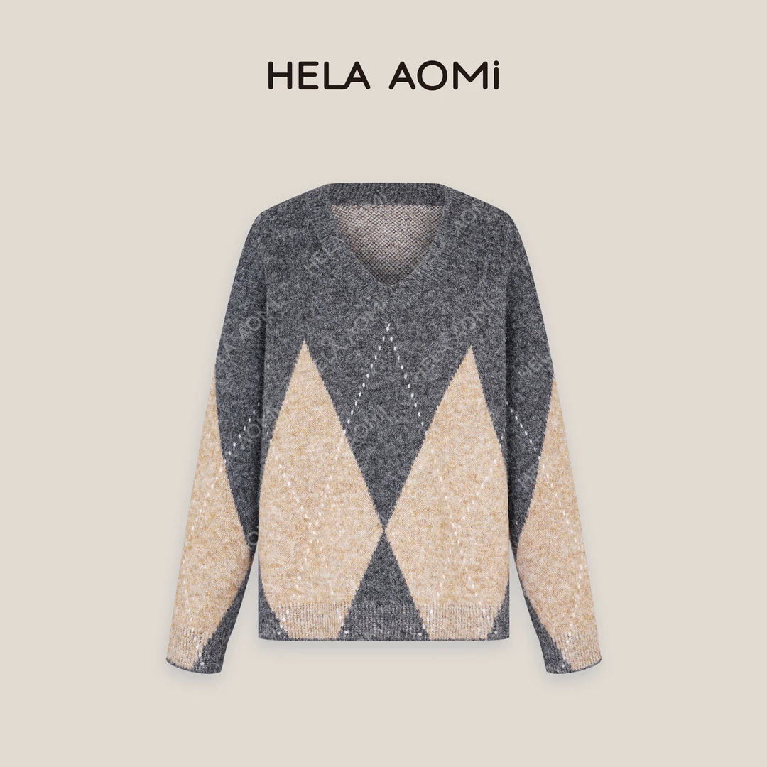 HELA AOMI 别致菱格V领长袖针织衫显瘦设计感毛衣CY4DM31567
