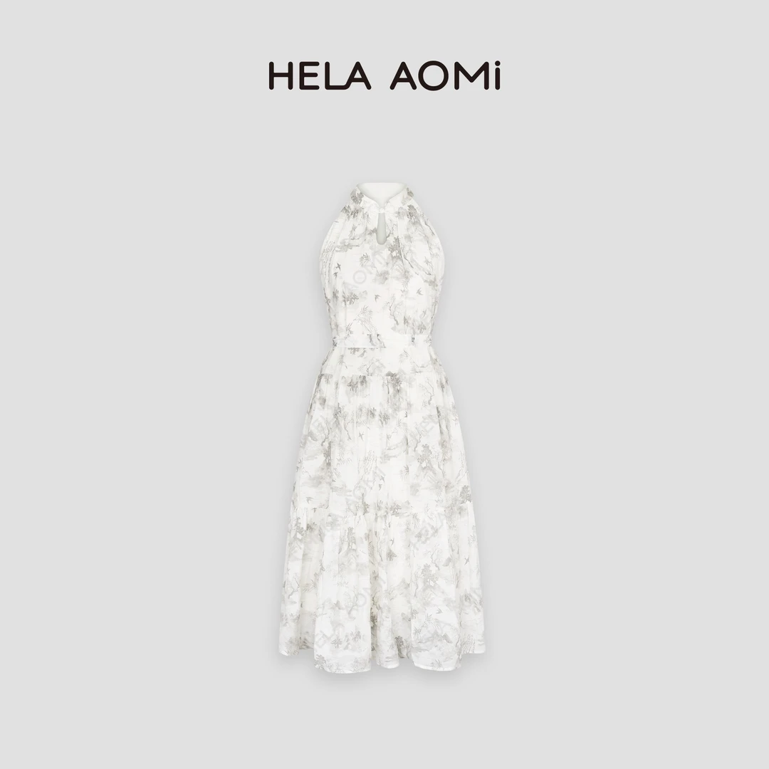 HELA AOMI “白玉兰山”水墨设计感新中式度假挂脖连衣裙CY4AX72036
