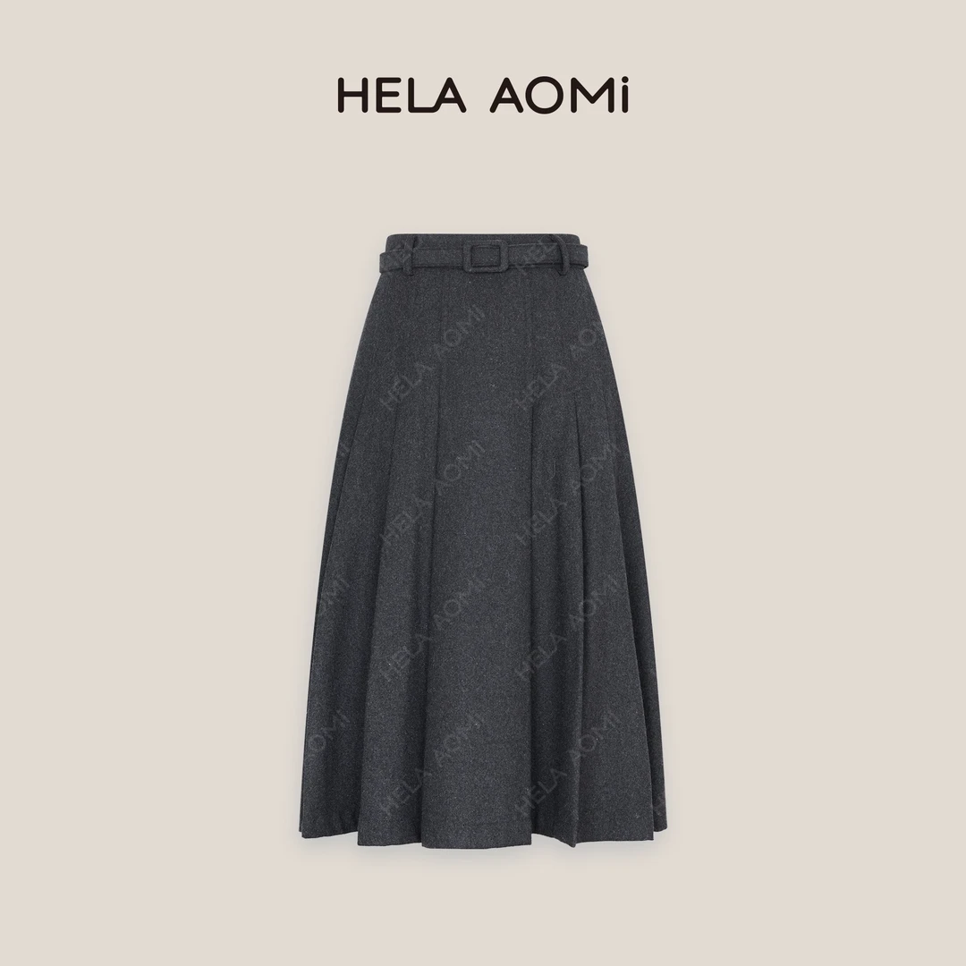 HELA AOMI “马面百褶”百褶腰带中长款优雅气质半身裙CY4DX71050
