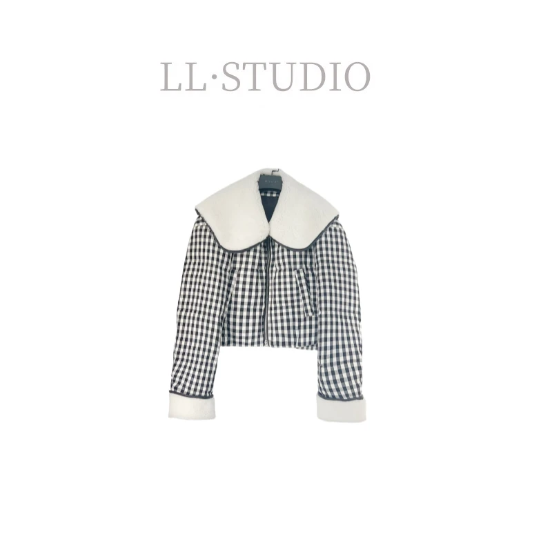 妙兮·LL冬季休闲简约90鹅绒大翻领撞色格子保暖外套*20242114