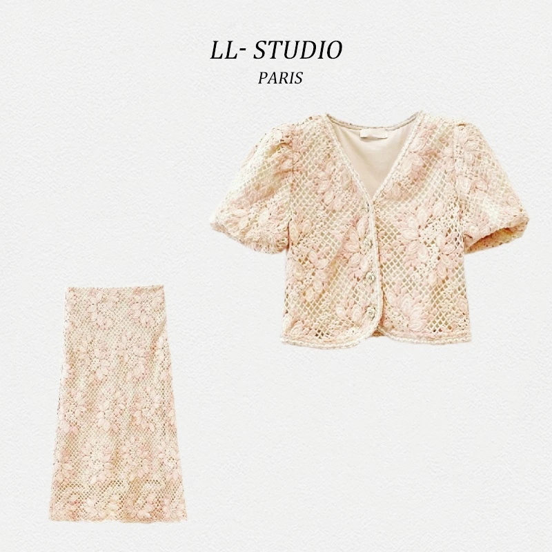 7妙兮LL‘孤岛爱人’钩花镂空气质轻奢温婉上衣+裙子#20240366