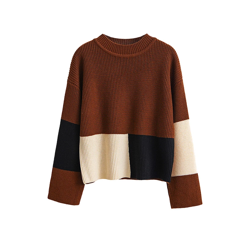 【外贸原单 】秋冬半高领毛衣女高腰短款三色拼接加厚针织打底衫