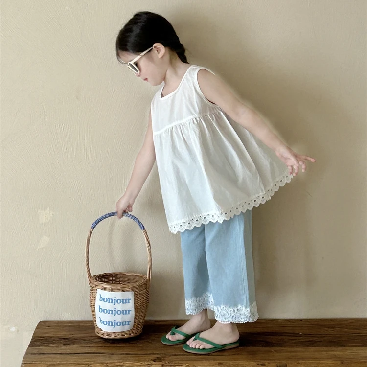 儿童韩版上衣夏季新款潮流童装无袖花边娃娃衫女童牛仔直筒裤套装