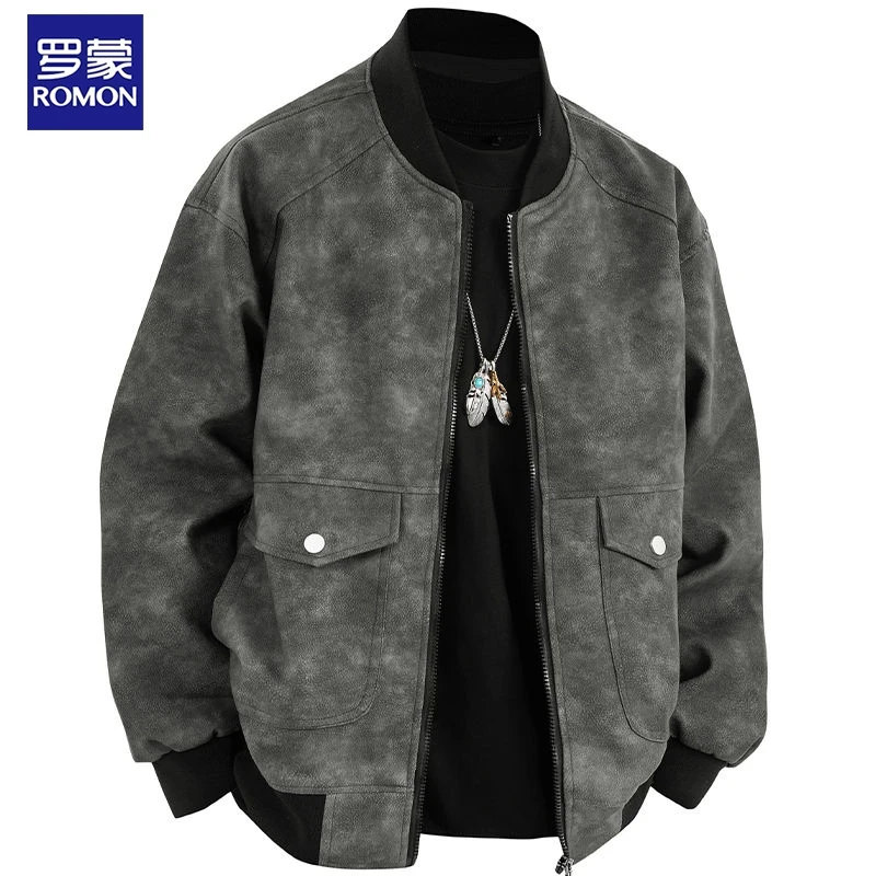 罗蒙秋季新款高档皮衣男士韩版时尚棒球领皮夹克大码宽松休闲外套