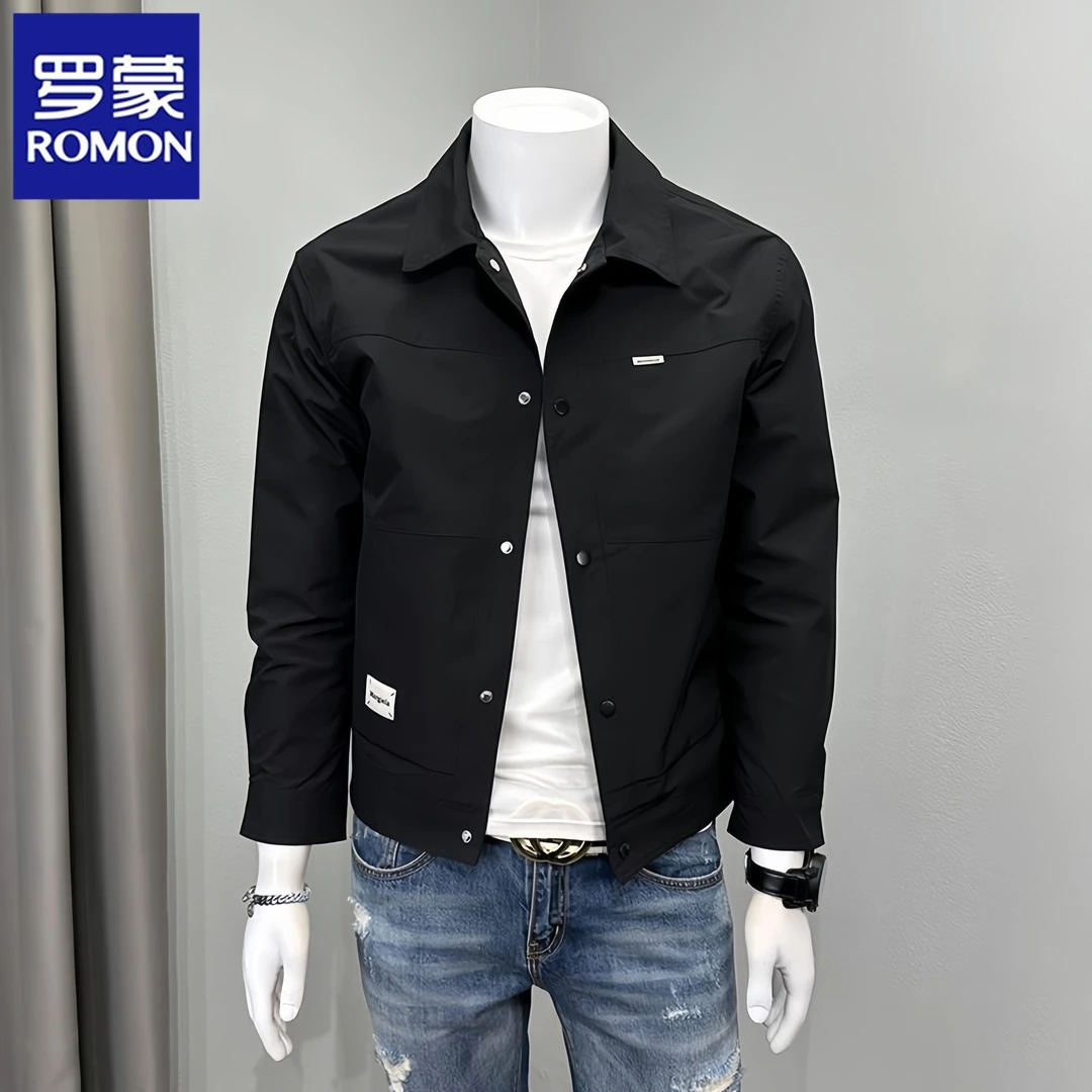 罗蒙新款男士夹克秋季工装运动翻领上衣服纯色宽松休闲飞行员外套