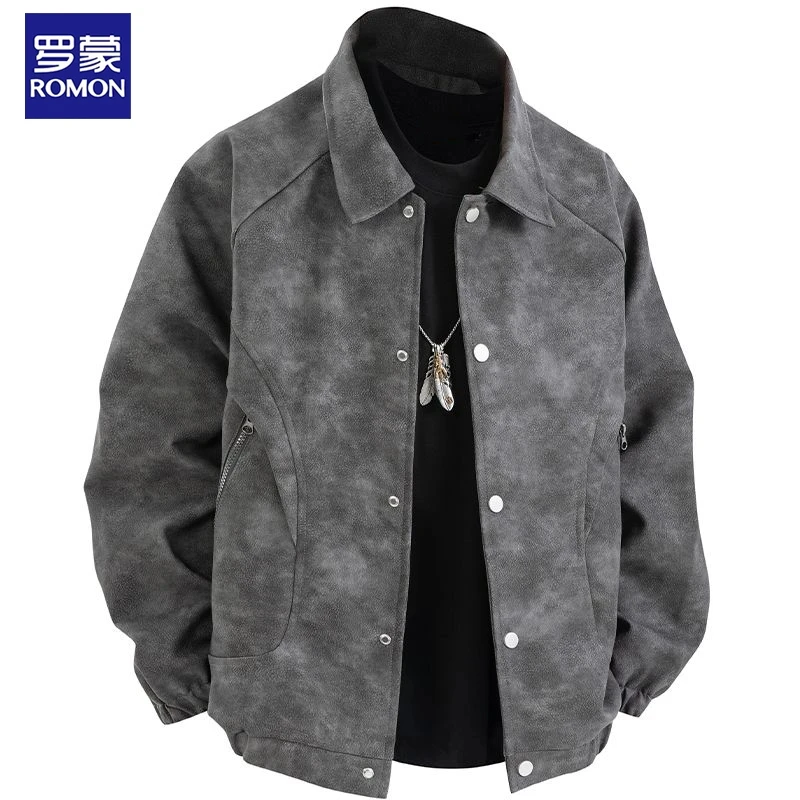 罗蒙男士皮衣春秋季新款撞色翻领皮夹克百搭时尚高档夹克衫男装潮