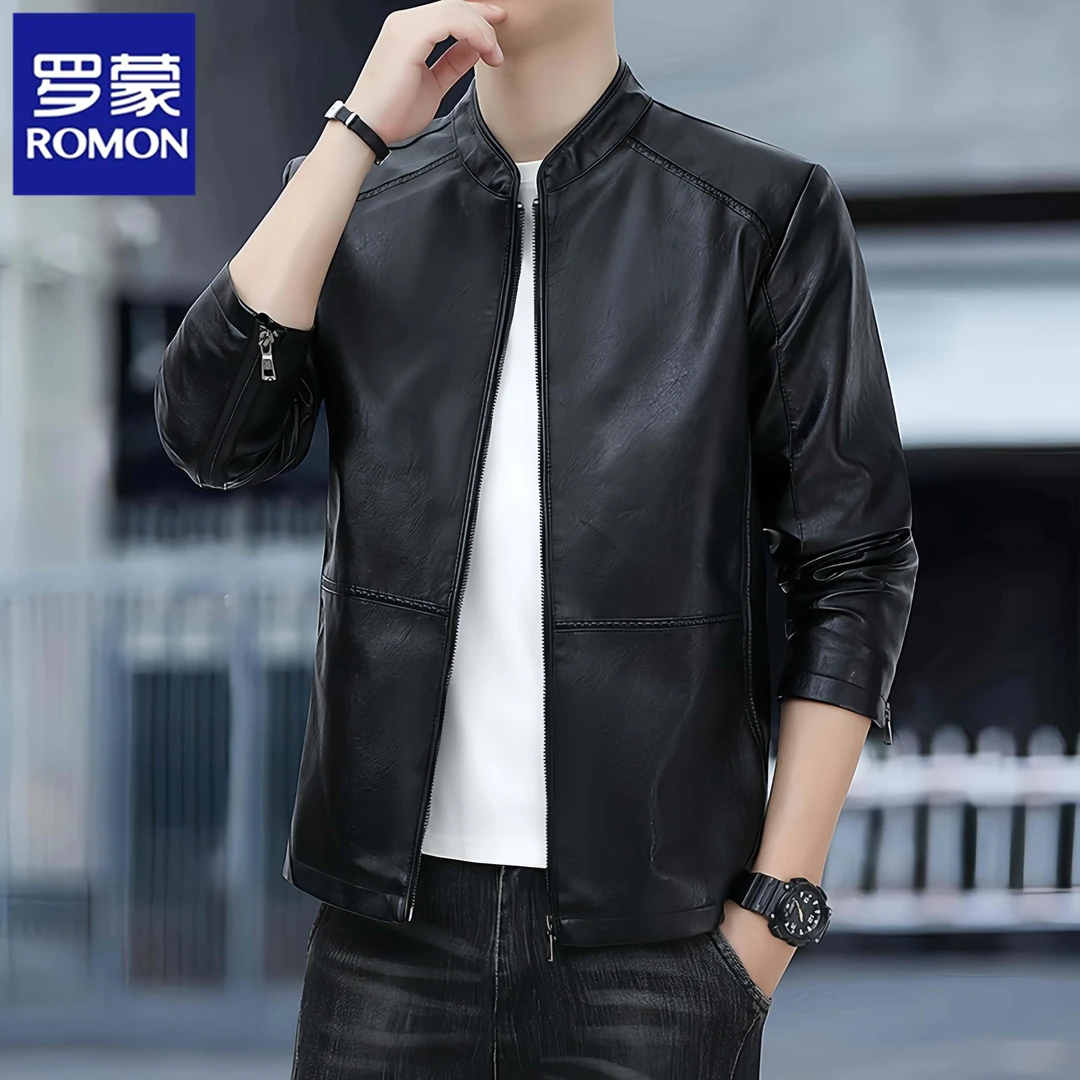 Romon/罗蒙秋冬皮衣男士新款立领加绒加厚机车服休闲百搭外套夹克